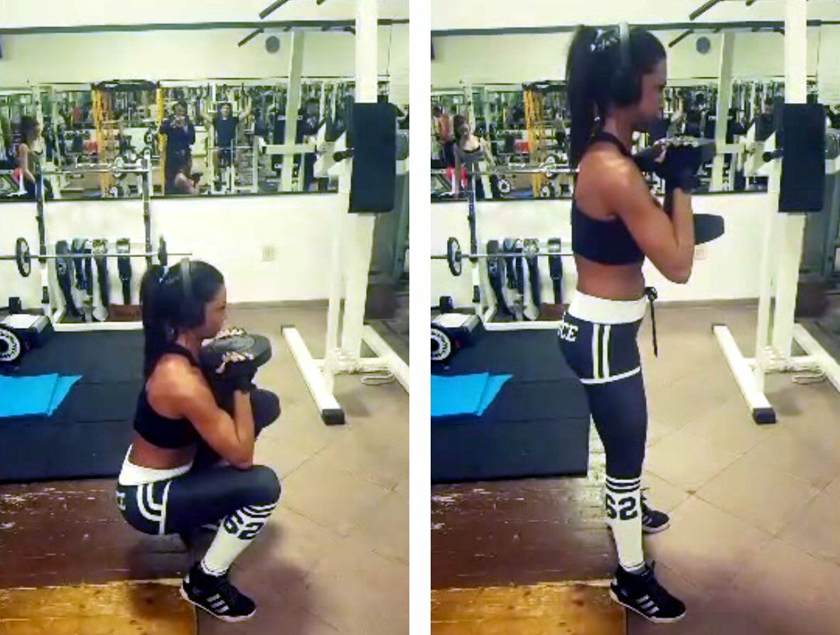 Running front squats with dumbbell